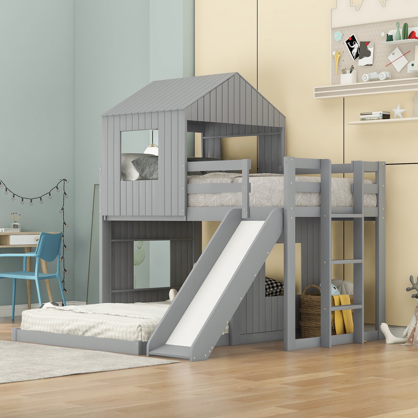 Playhouse Twin Over Full Bunk Bed with Ladder, Slide & Guardrails - Gray Wood, LT000028AAN