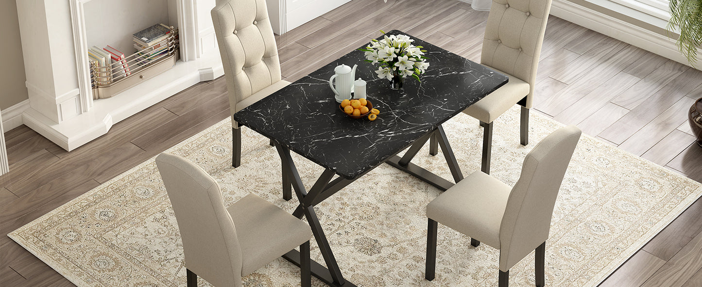 Solid Wood 5-Piece Dining Table Set with Faux Marble Tabletop and Upholstered Dining Chairs for 4, Faux Marble Black+Beige