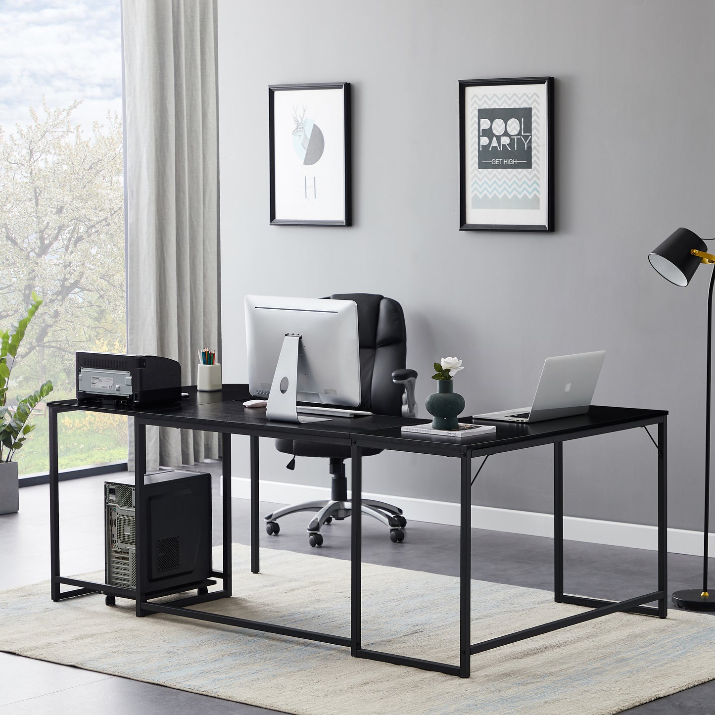 U-shaped Industrial Corner Computer Desk with CPU Stand - Black