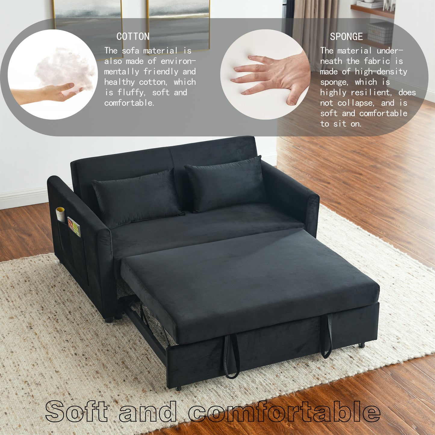 Convertible Sofa Bed, 3-in-1 Versatile Velvet Double Sofa with Pullout Bed, Seat with Adjustable Backrest, Lumbar Pillows, and Living Room Side Pockets, 54 Inch, Black