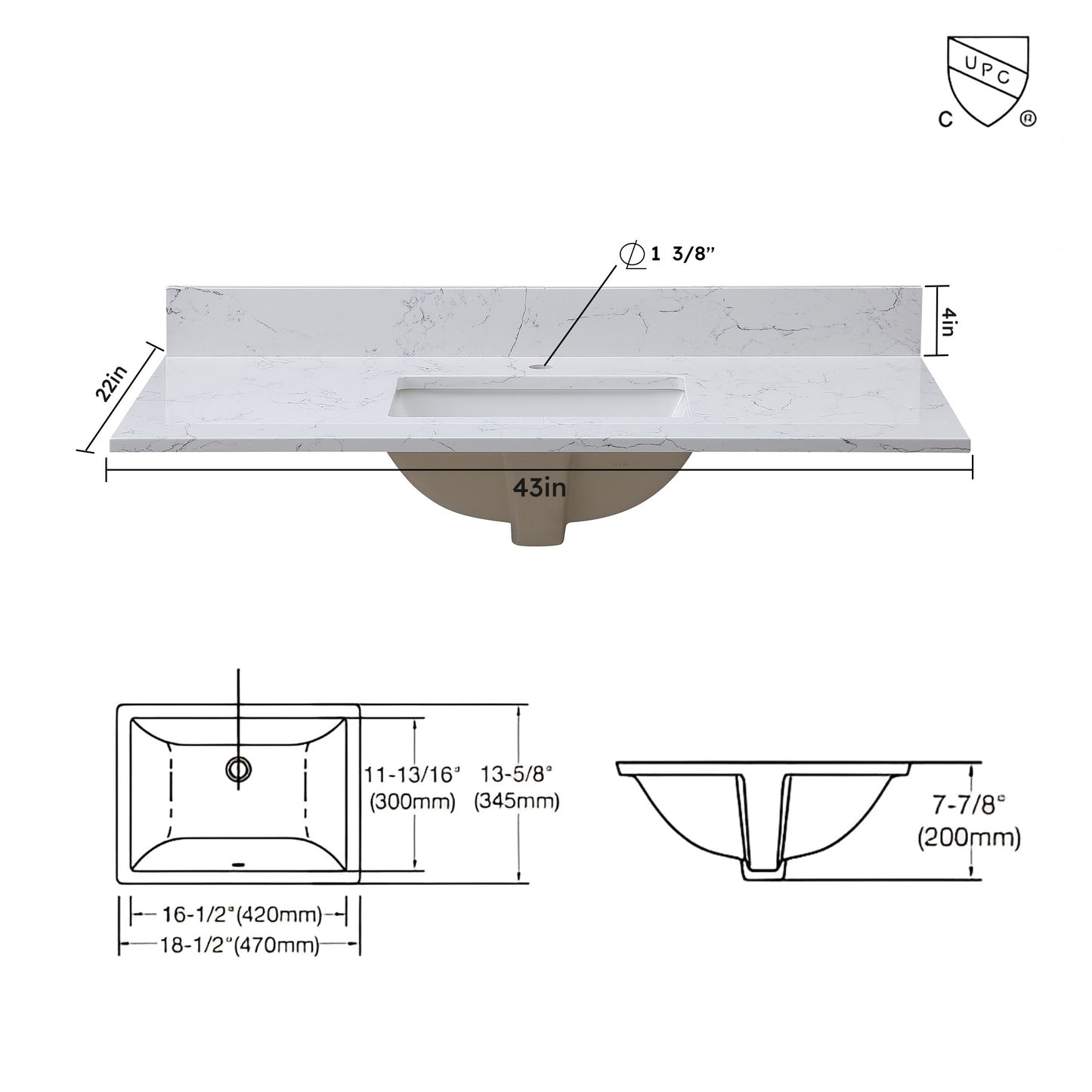 Montary 43"x 22" bathroom stone vanity top carrara jade  engineered marble color with undermount ceramic sink and single faucet hole with backsplash