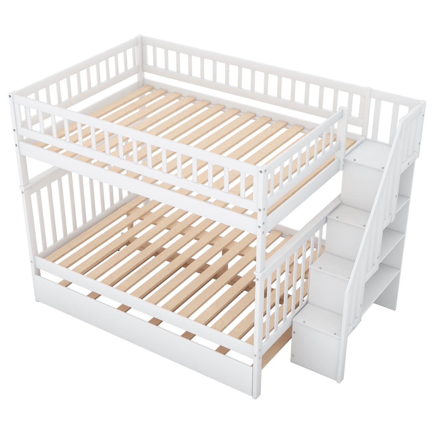 White Full over Full Bunk Bed with Trundle, Staircase, and Storage - Space-Saving Full Bunk Bed with Trundle