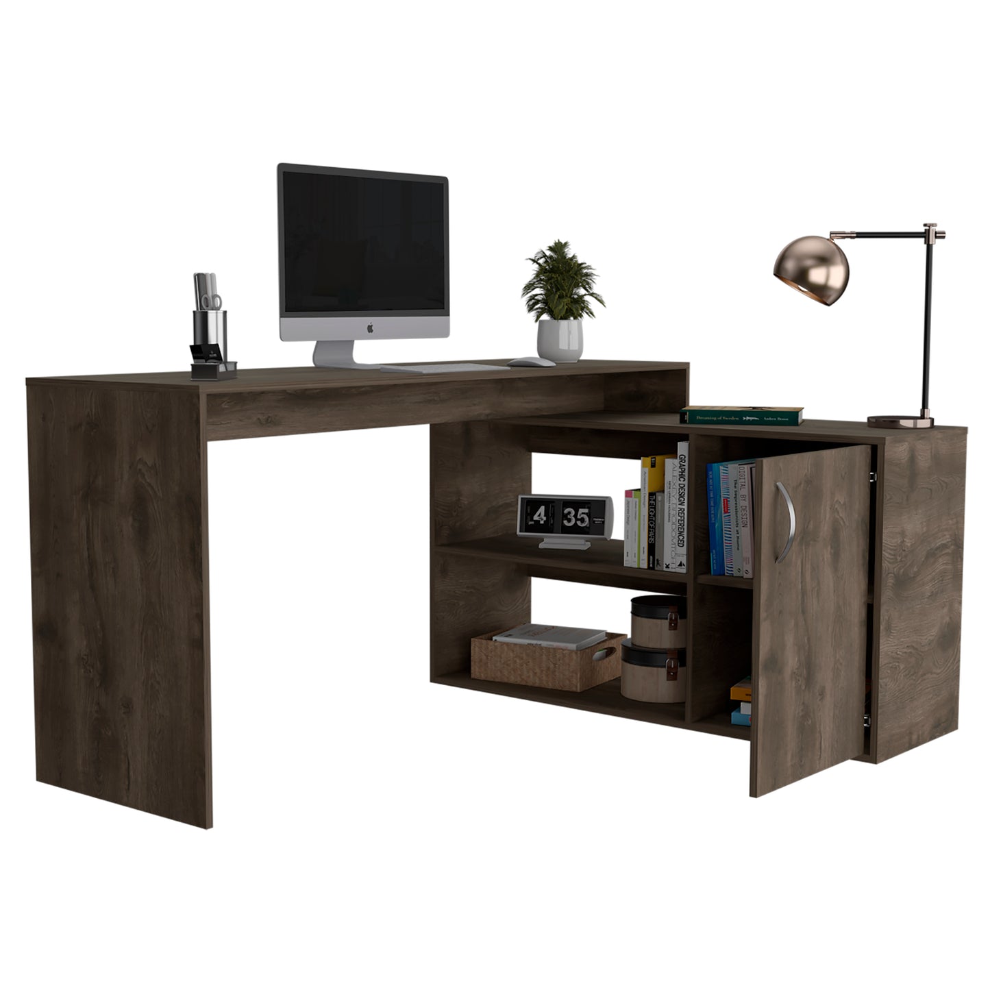 L-Shaped Dark Brown Office Desk with Storage Cabinet and Shelves