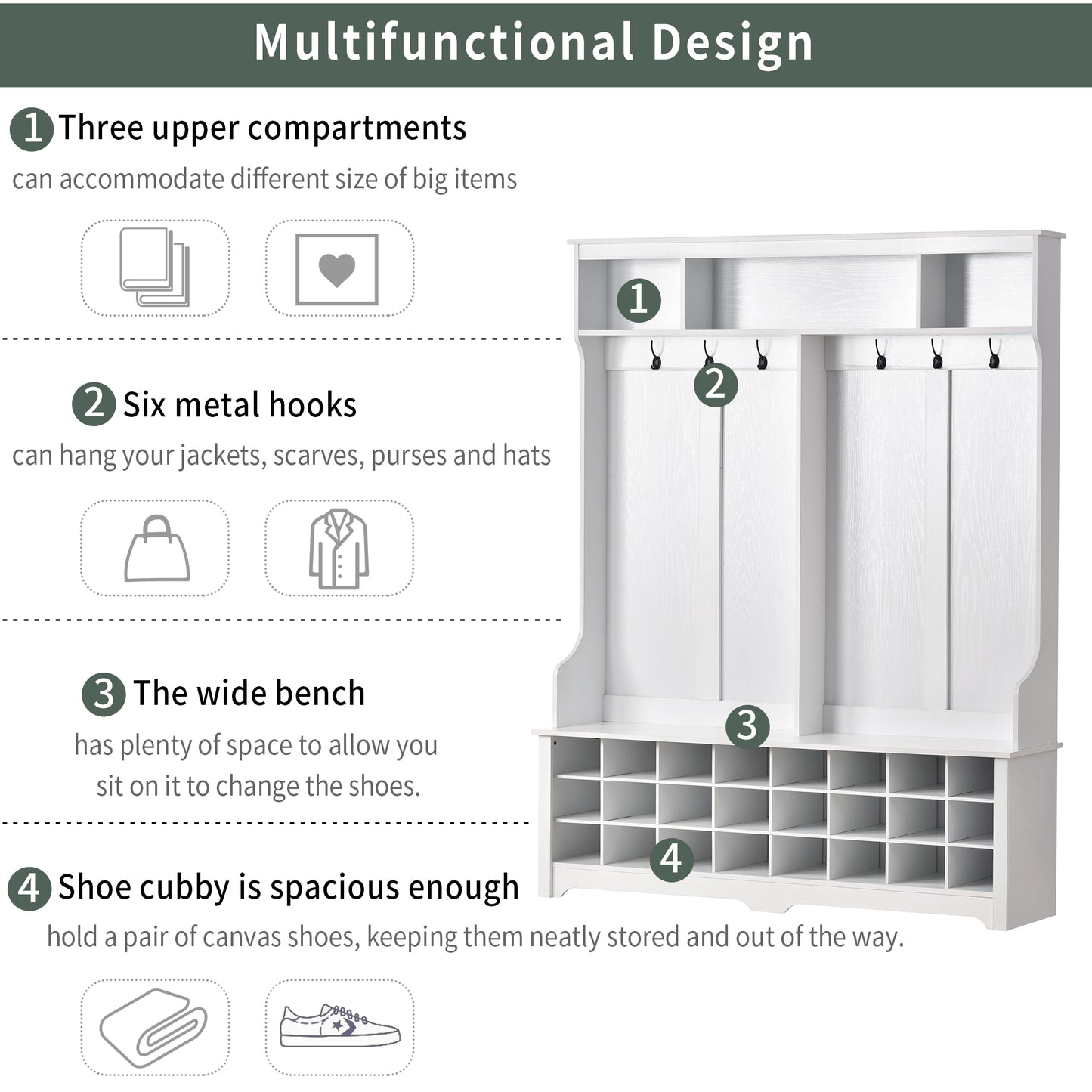 Modern Style Multiple Functions Hallway Coat Rack with Metal Black Hooks, Entryway Bench 60" Wide Hall Tree with Ample Storage Space and 24 Shoe Cubbies , White