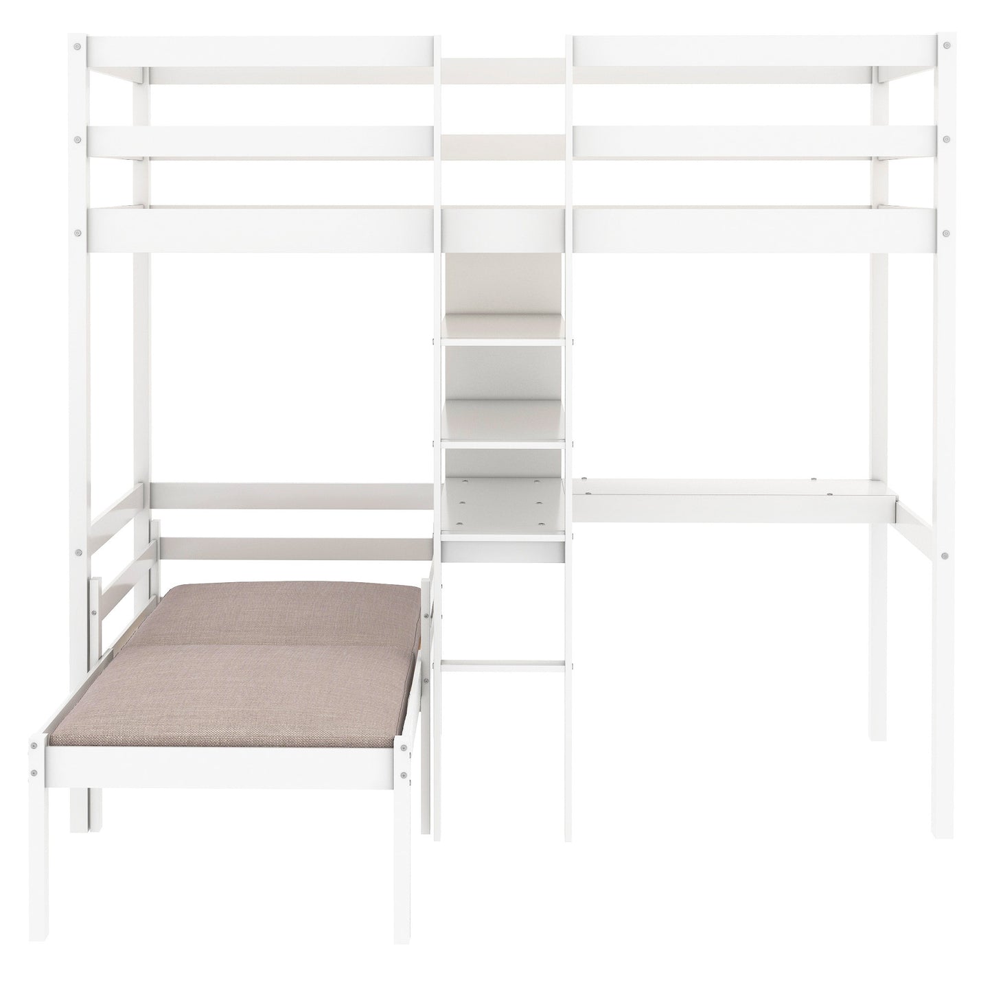 Convertible Loft Bed with L-Shaped Desk and Twin Bunk Bed in White Finish - Space-Saving Bedroom Solution