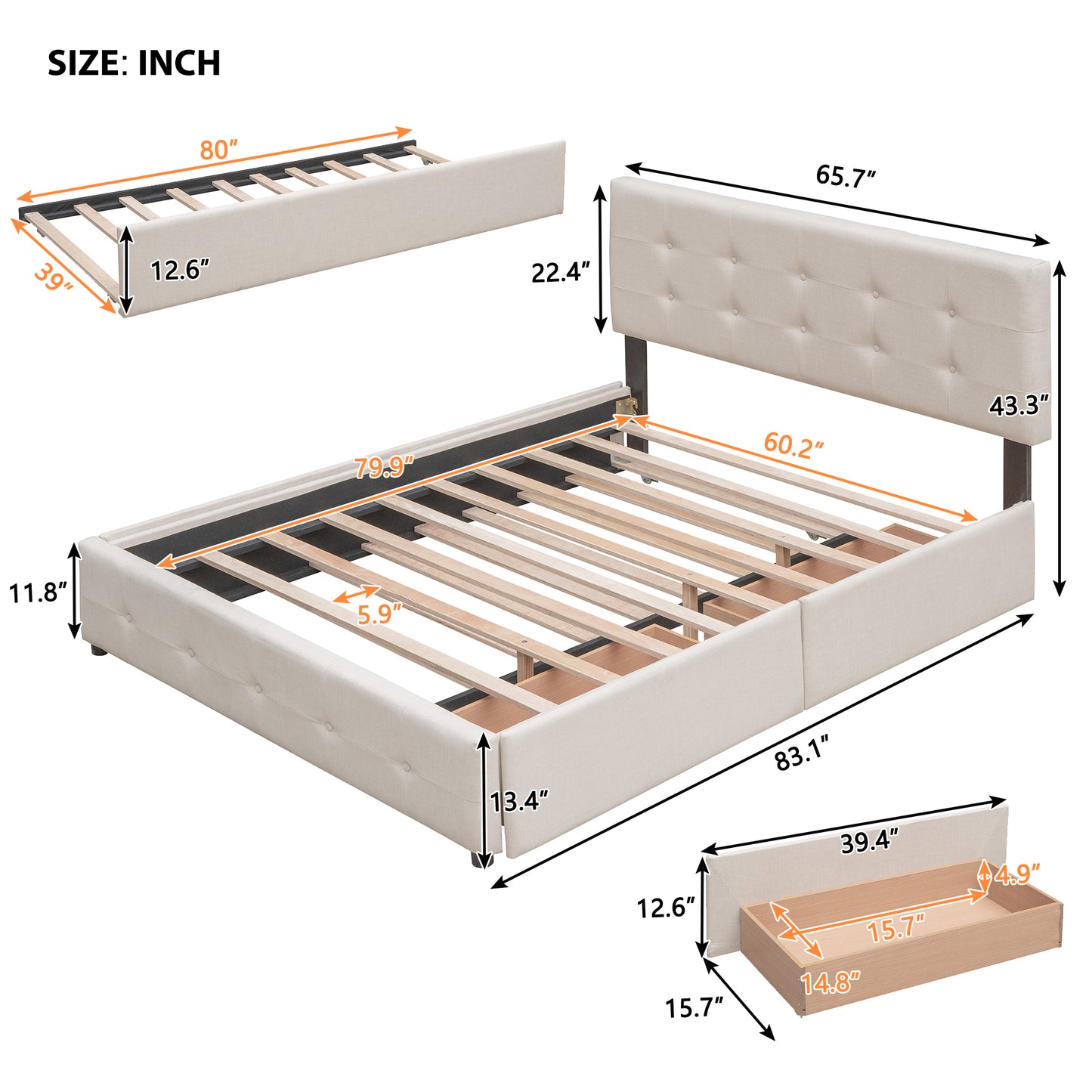 Upholstered Platform Bed with 2 Drawers and 1 Twin XL Trundle,  Linen Fabric, Queen Size - Dark Beige