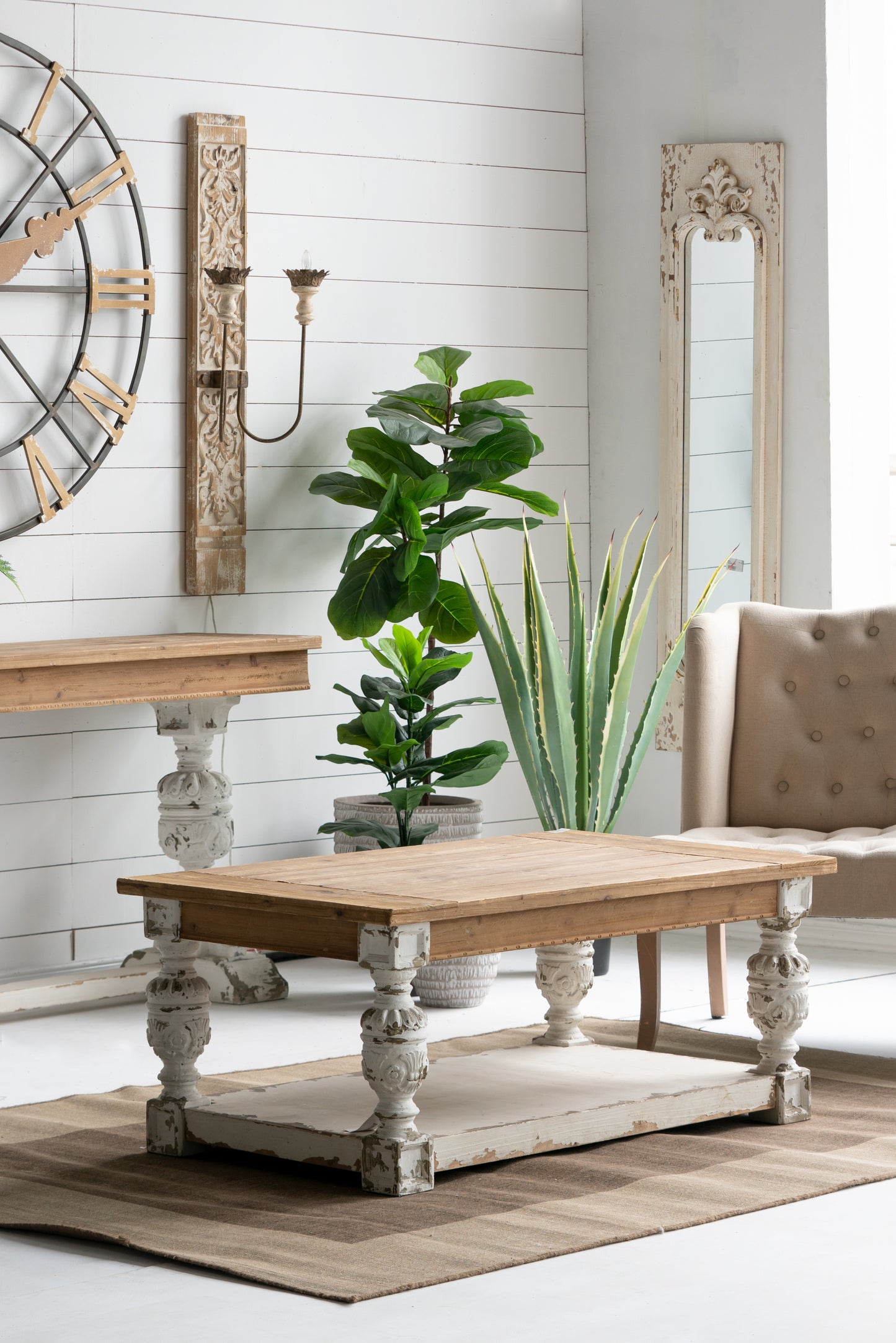 French Country Wooden Coffee Table with Ornate Legs and Storage Shelf