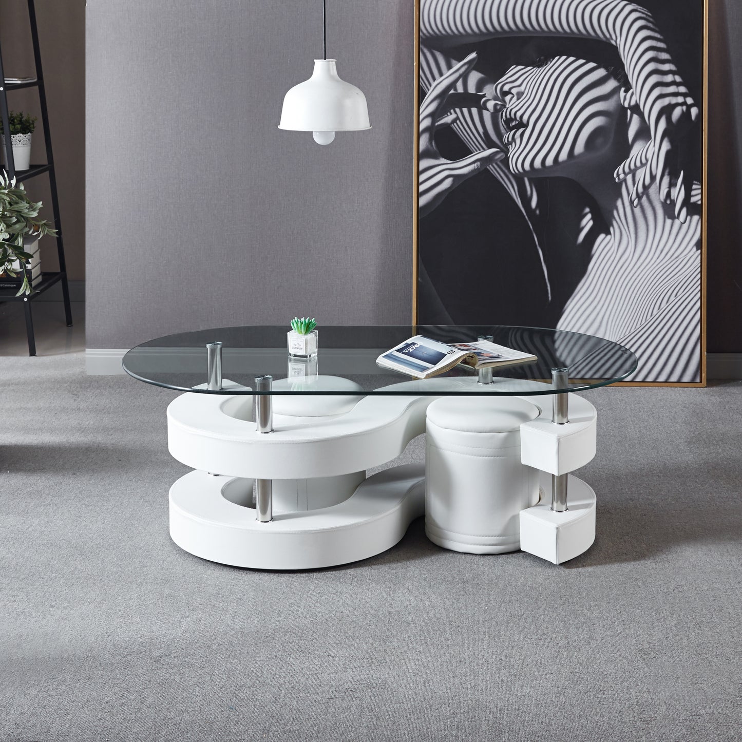 Modern 3-Piece Oval Coffee Table Set with Glass Top and Leather Stools