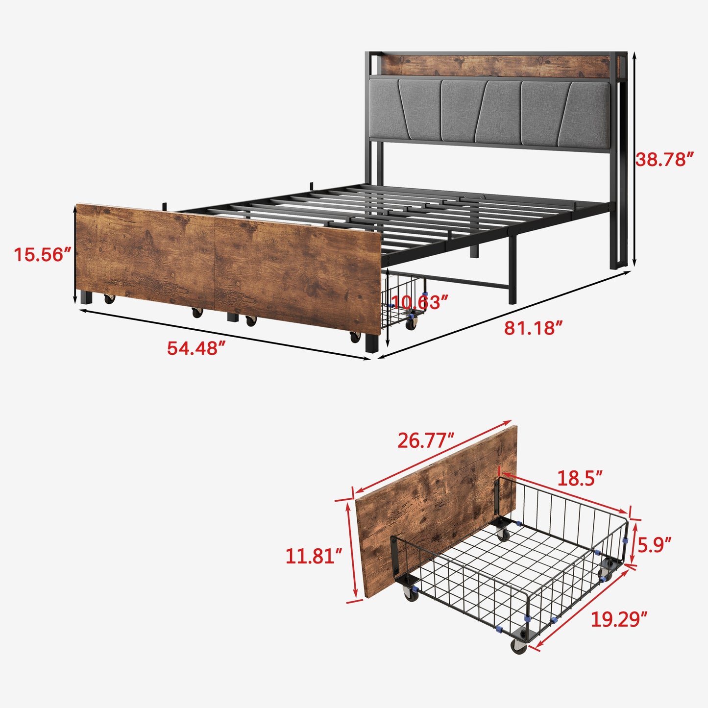 Full Size Bed Frame, Storage Headboard with Charging Station and 2 Storage Drawers, Solid and Stable, Noise Free, No Box Spring Needed, Easy Assembly,Vintage Brown and Gray