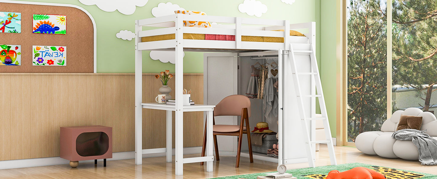 Twin Size Loft Bed with Wardrobe and Desk, White