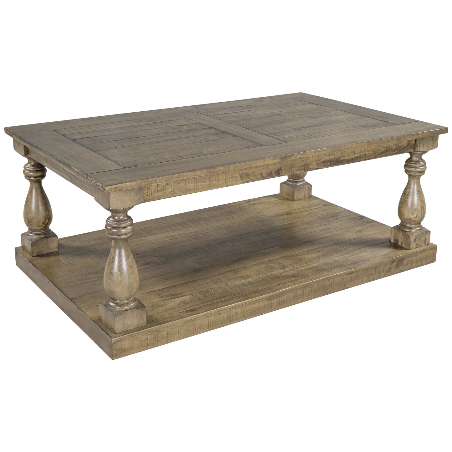 Rustic Pine Wood Coffee Table with Baluster Column Posts and Lower Storage Shelf