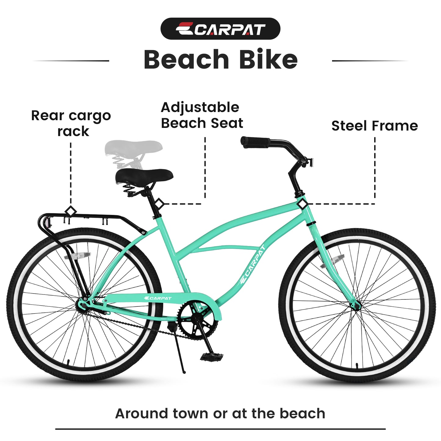 S26204 26 Inch Beach Cruiser Bike for Men and Women, Steel Frame, Single Speed Drivetrain, Upright Comfortable Rides, Multiple Colors