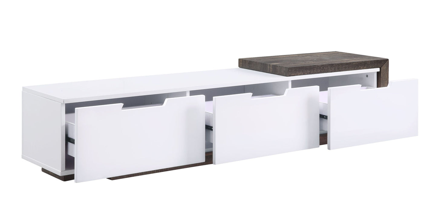 Orion TV Stand in White High Gloss & Rustic Oak with Three Drawers