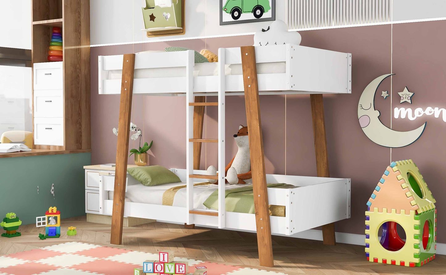 Rustic White Twin Size Bunk Bed with Wooden Columns and Attached Ladder