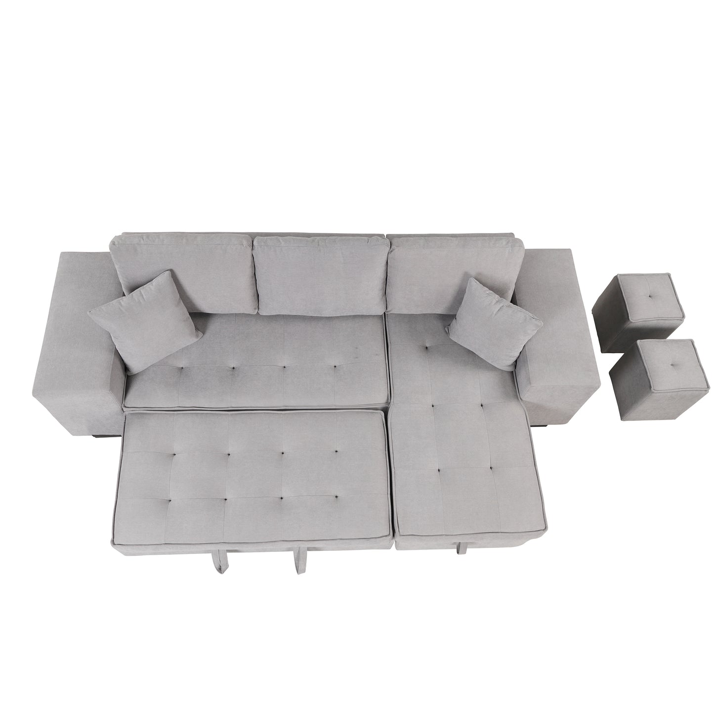 Gray L-Shape Sleeper Sectional Sofa with Storage Chaise and 2 Stools