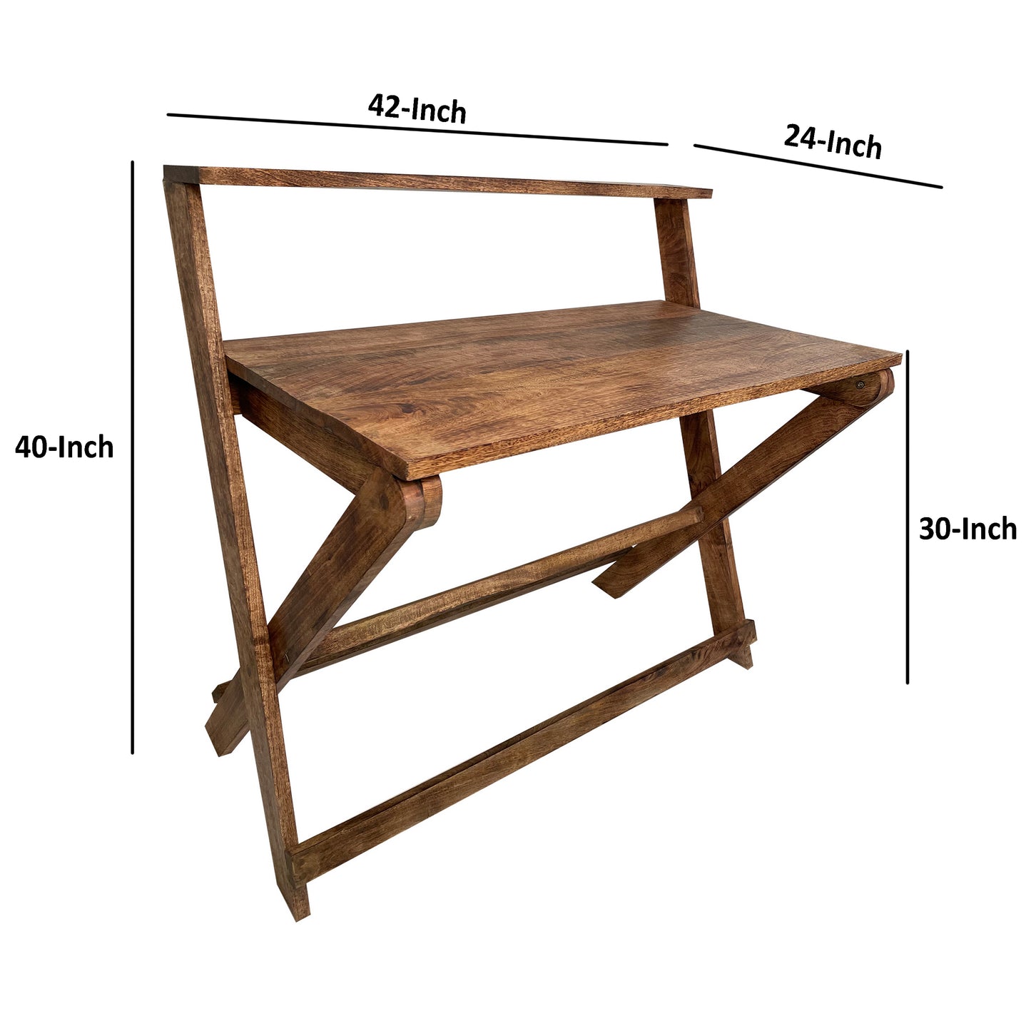 Foldable Mango Wood Desk with Top Shelf, X-Shaped Frame - 42 inches