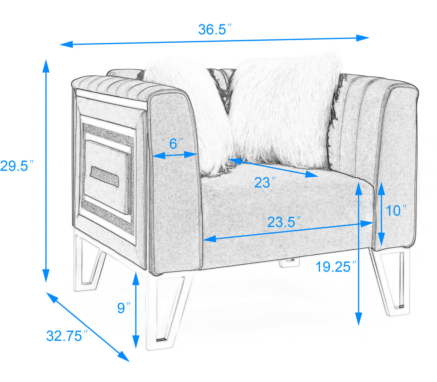 Sofa Chair with Mirrored Side Trim with Faux Diamonds and Stainless Steel Legs, Six White Villose Pillow, Blue (36.5"Lx32.75"Wx29.5"H)