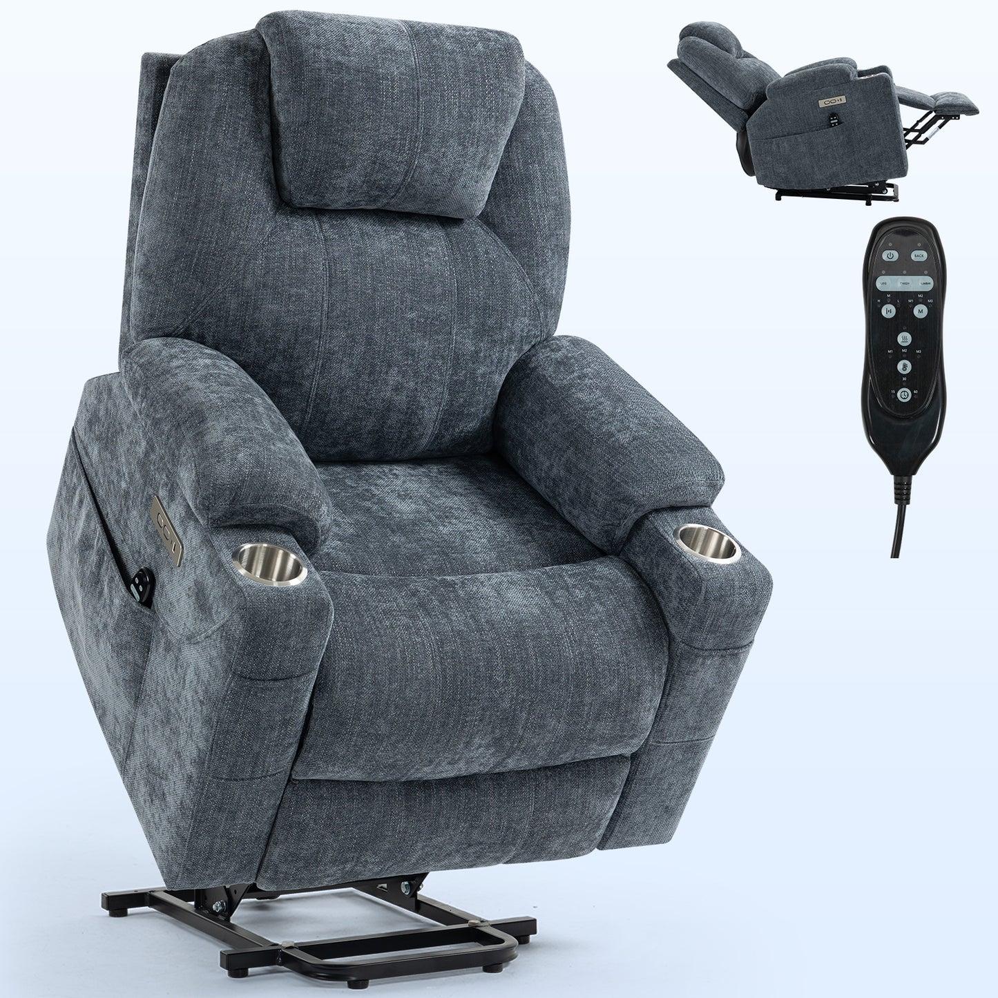 Blue Chenille Power Lift Recliner Chair with Massage and Lumbar Heating