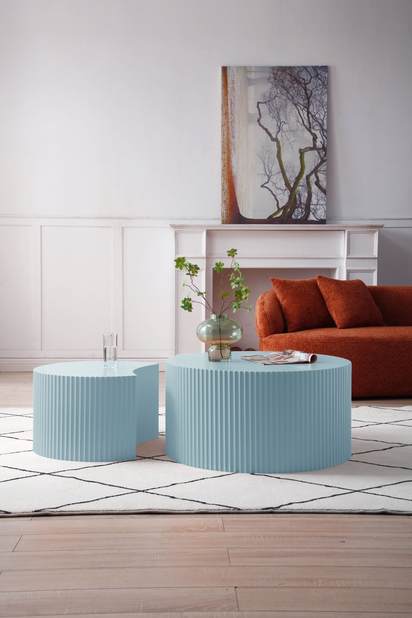 Elegant Light Blue Handcrafted Relief MDF Nesting Tables Set of 2