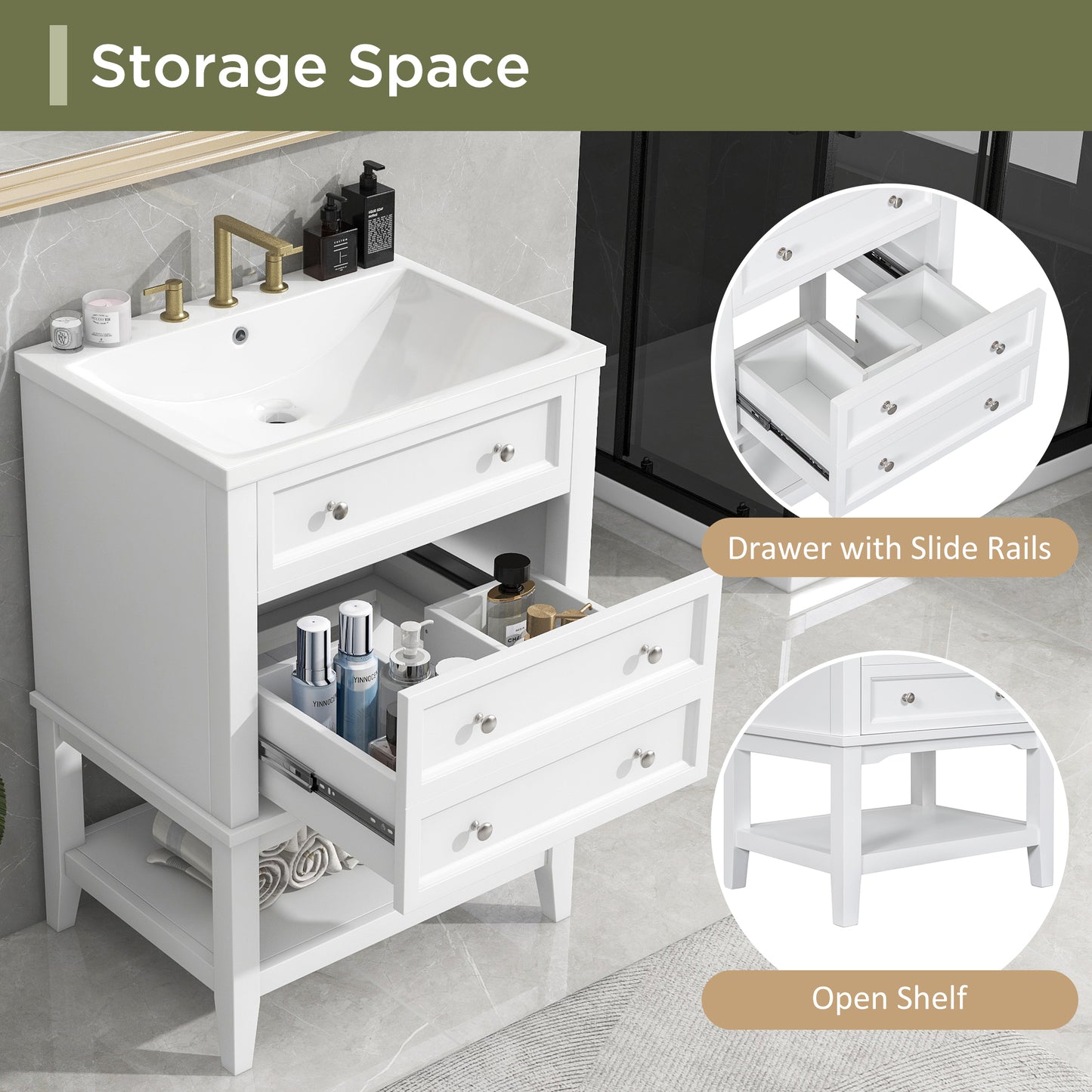 24" Bathroom Vanity Without Sink, Base Only, Solid Wood Frame, Bathroom Storage Cabinet with Drawer and Open Shelf, White