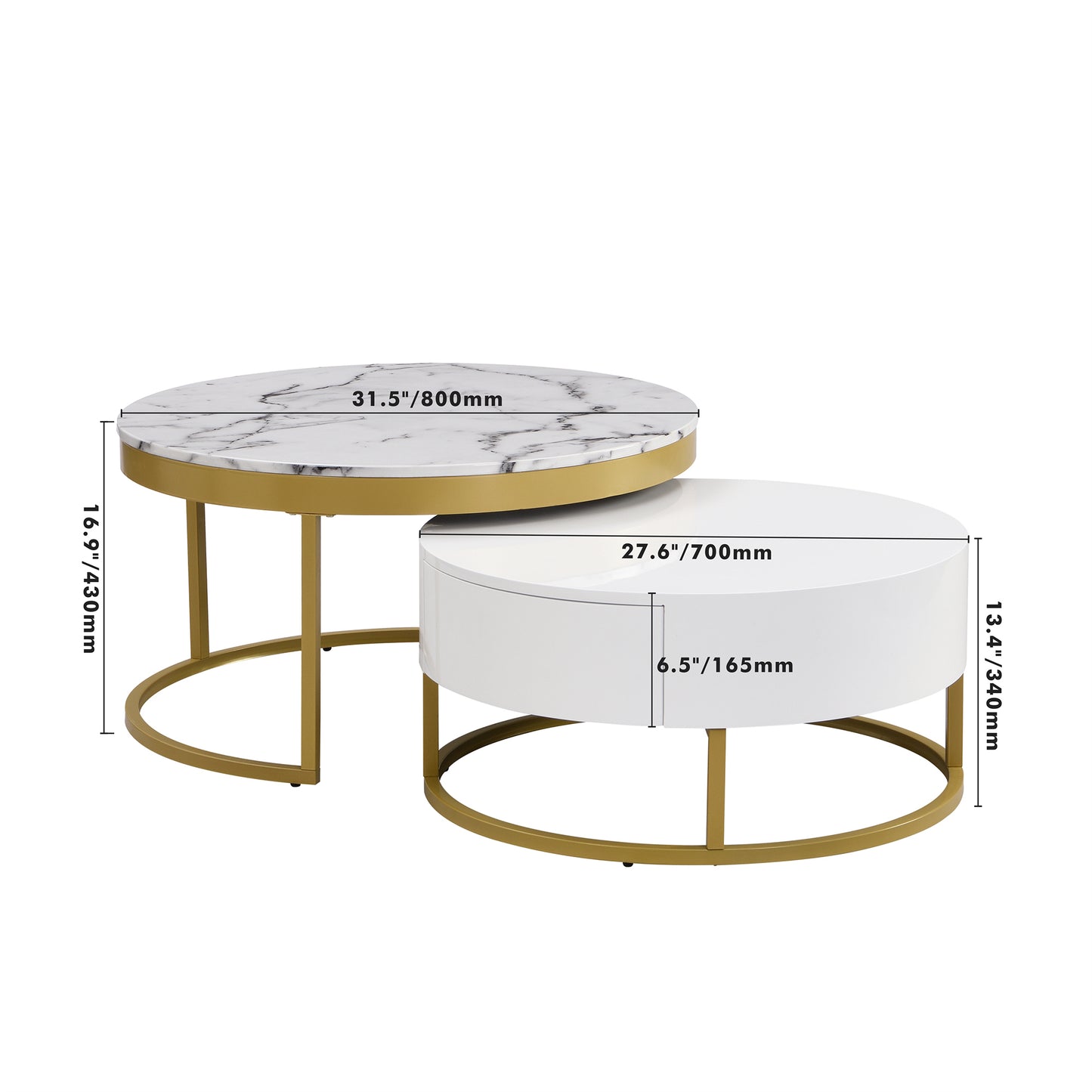 Contemporary White and Gold Nesting Coffee Table with Storage Drawers