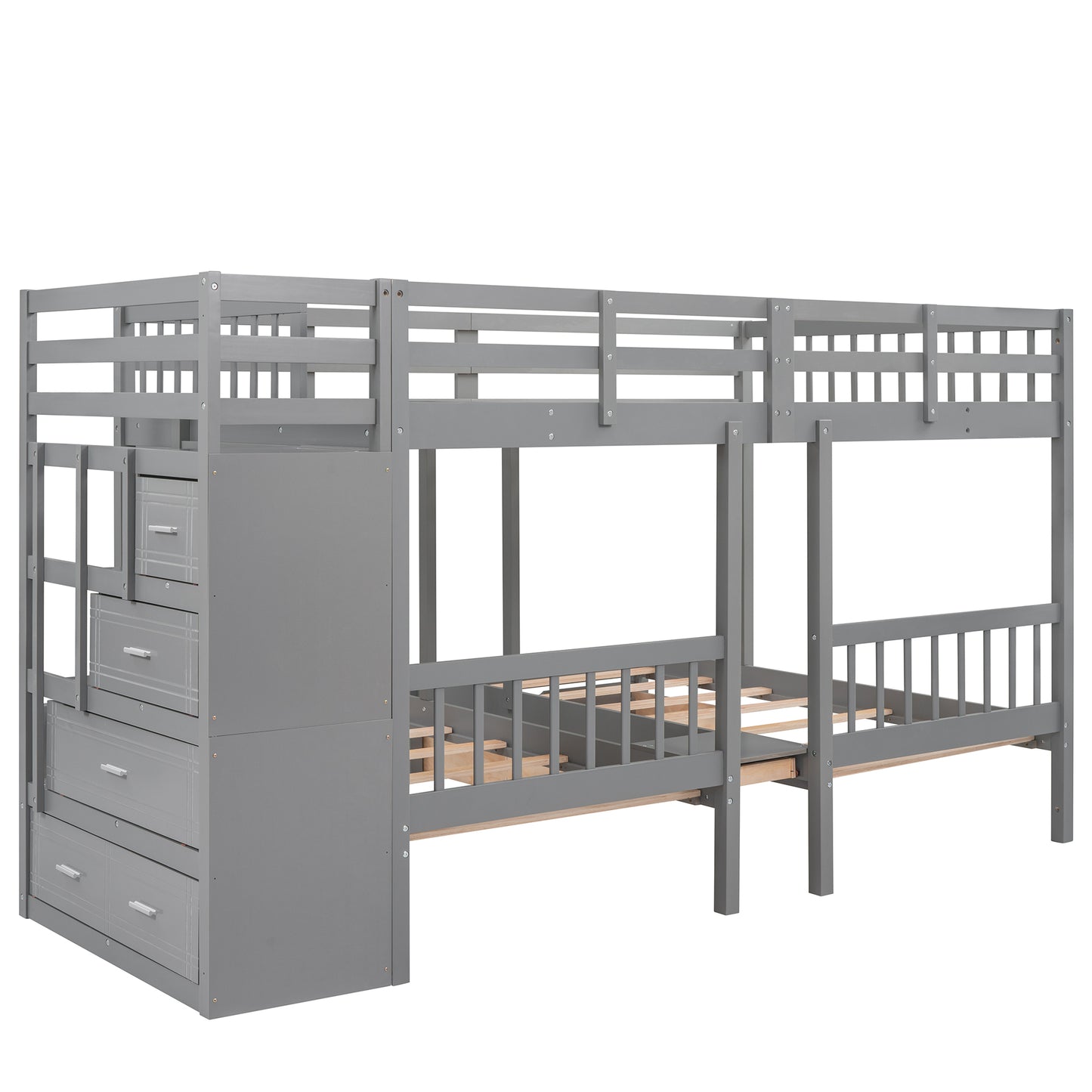 Triple Bunk Bed with Storage Drawers - Space-Saving Gray Design