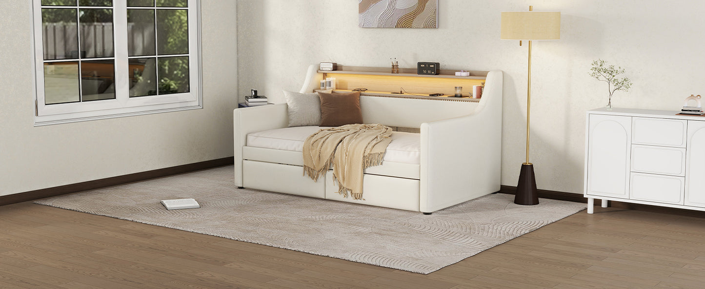 Twin Size Daybed with Storage Drawers, Upholstered Daybed with Charging Station and LED Lights, White