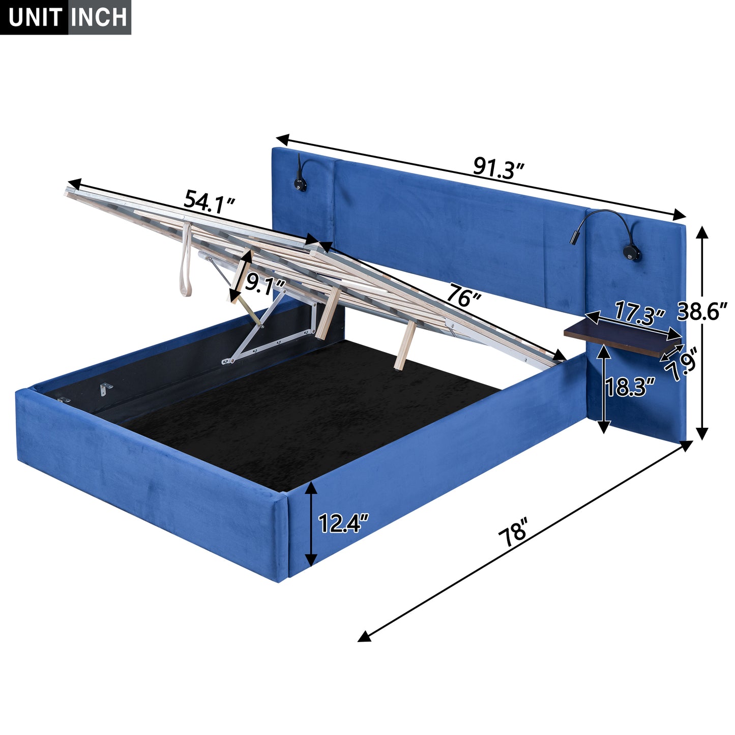 Full Size Storage Upholstered Hydraulic Platform Bed with 2 Shelves, 2 Lights and USB, Blue