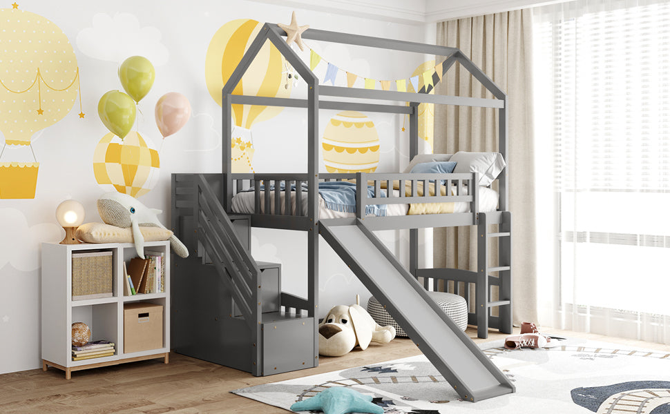 Twin Loft Bed with Two Drawers and Slide, House Bed with Slide, Gray