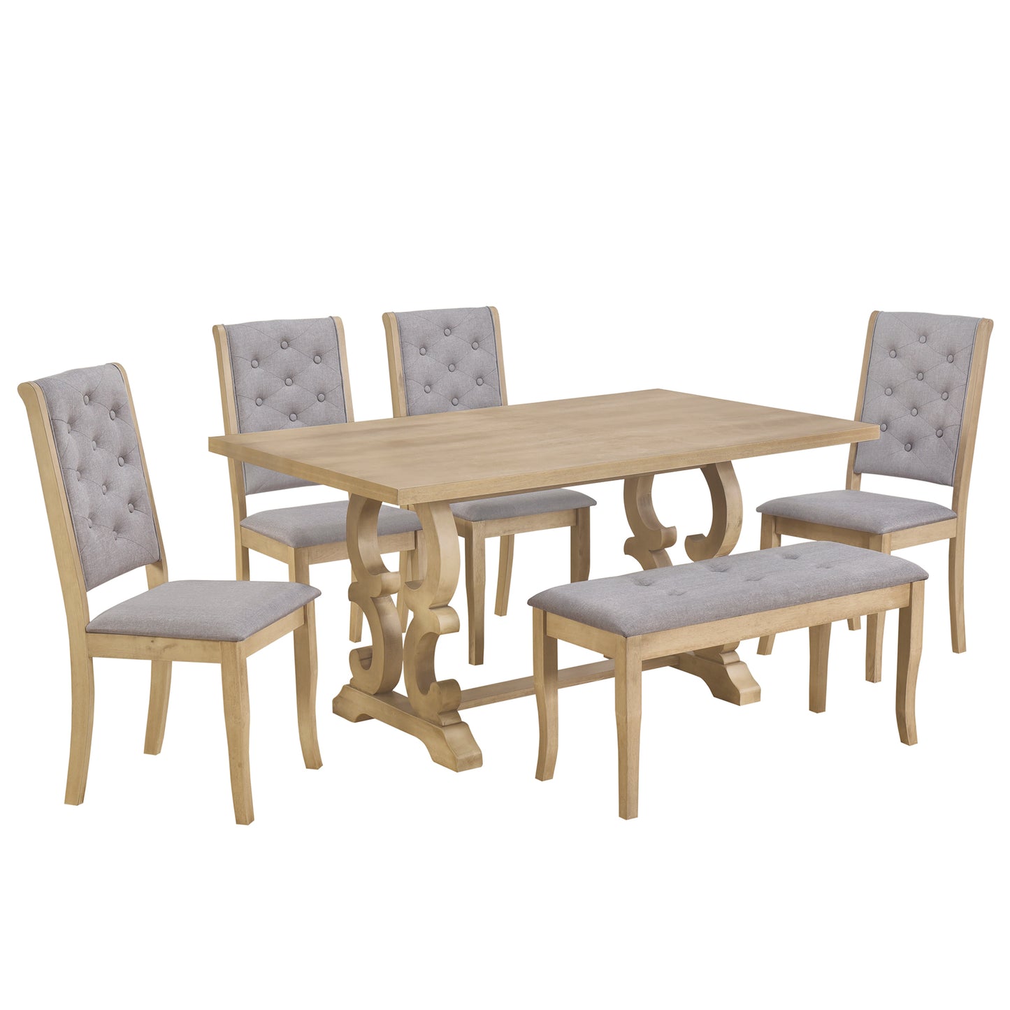 TREXM 6-Piece Retro Dining Set with Unique-designed Table Legs and Foam-covered Seat Backs&Cushions for Dining Room (Grey Wash)