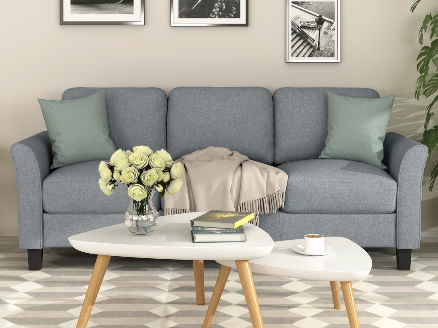 Gray 3-Seat Linen Fabric Sofa for Living Room