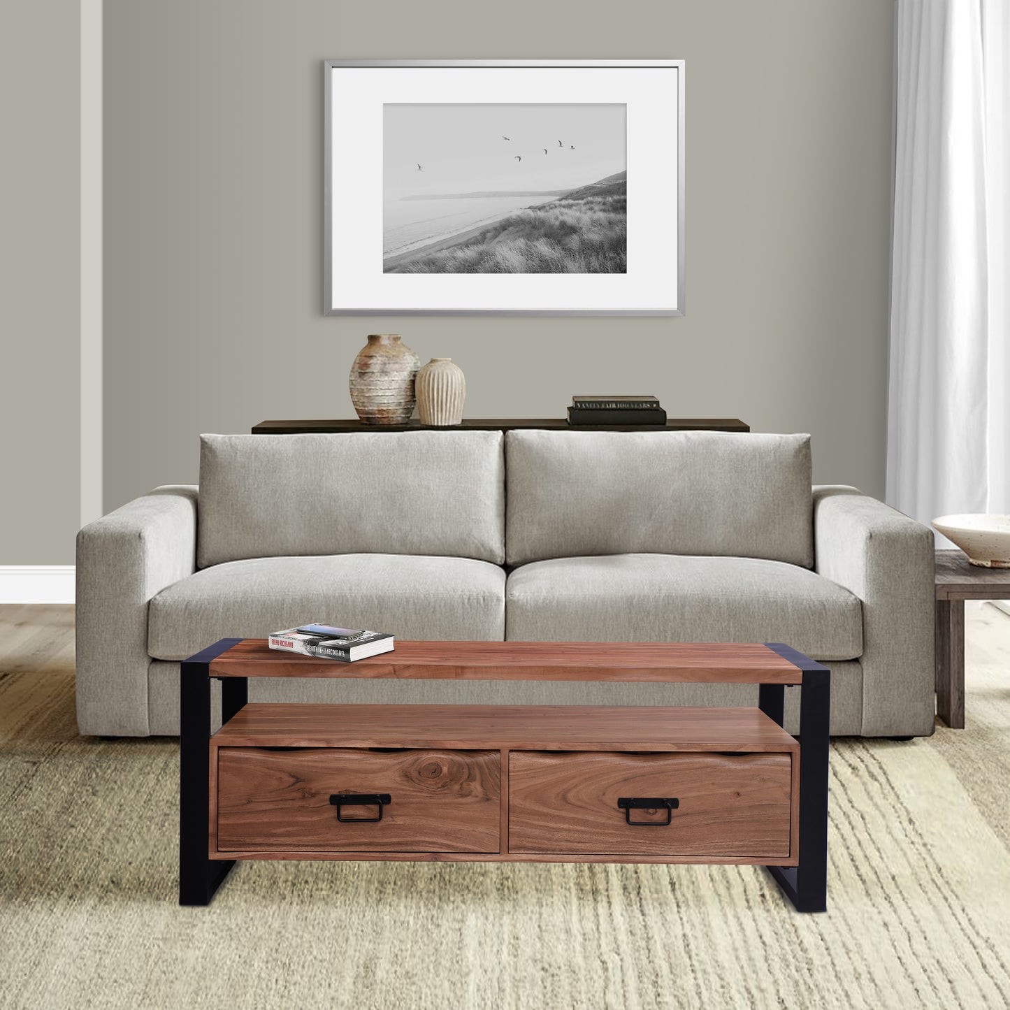 47 Inch Handcrafted Coffee Table with Live Edge Detailing and Iron Frame