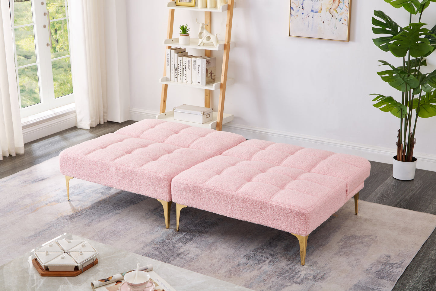 Convertible Pink Teddy Fabric Sofa Bed with Gold Metal Legs