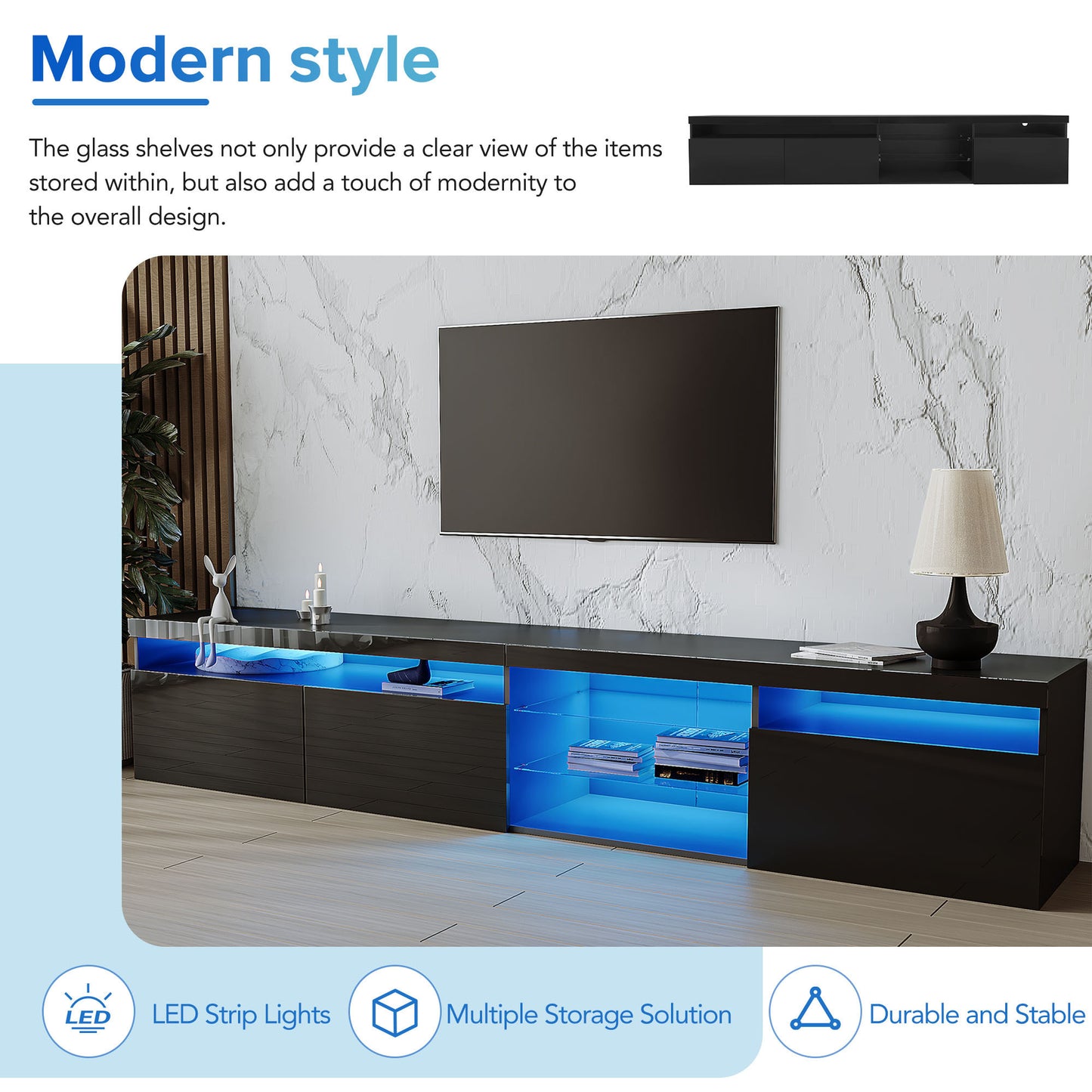 Contemporary Black LED TV Stand with Glass Shelves and Ample Storage Space