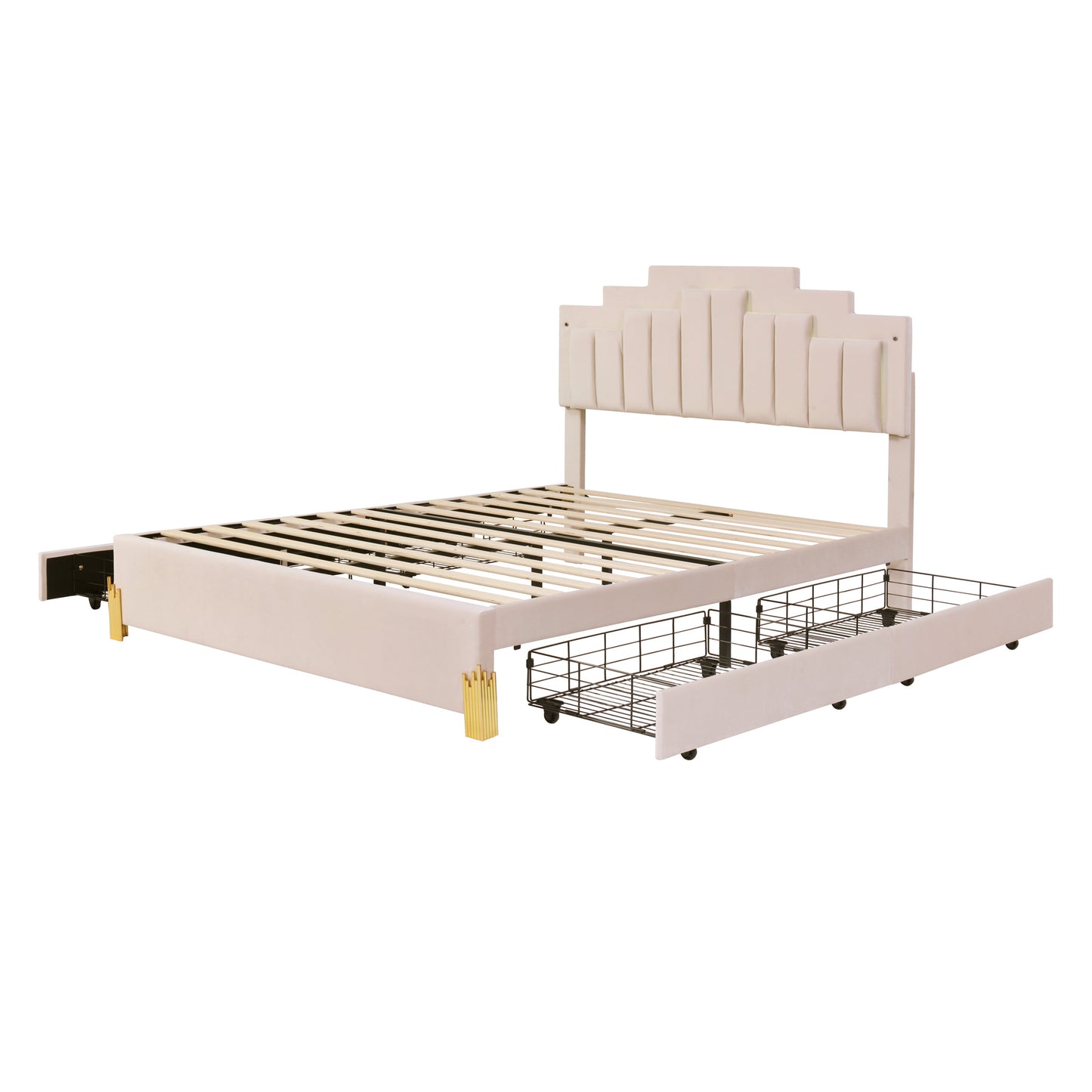 Queen Size Upholstered Platform Bed with LED Lights and 4 Drawers, Stylish Irregular Metal Bed Legs Design, Beige