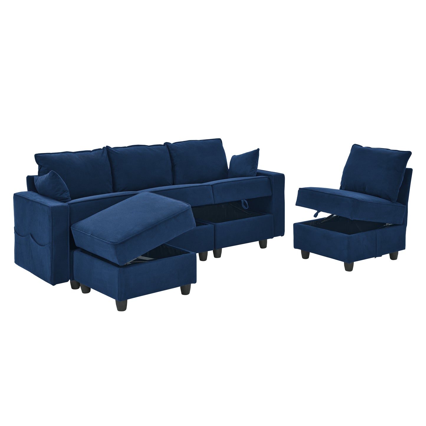 Luxurious Navy Blue Corduroy Velvet Modular Sectional Sofa With Storage Seats