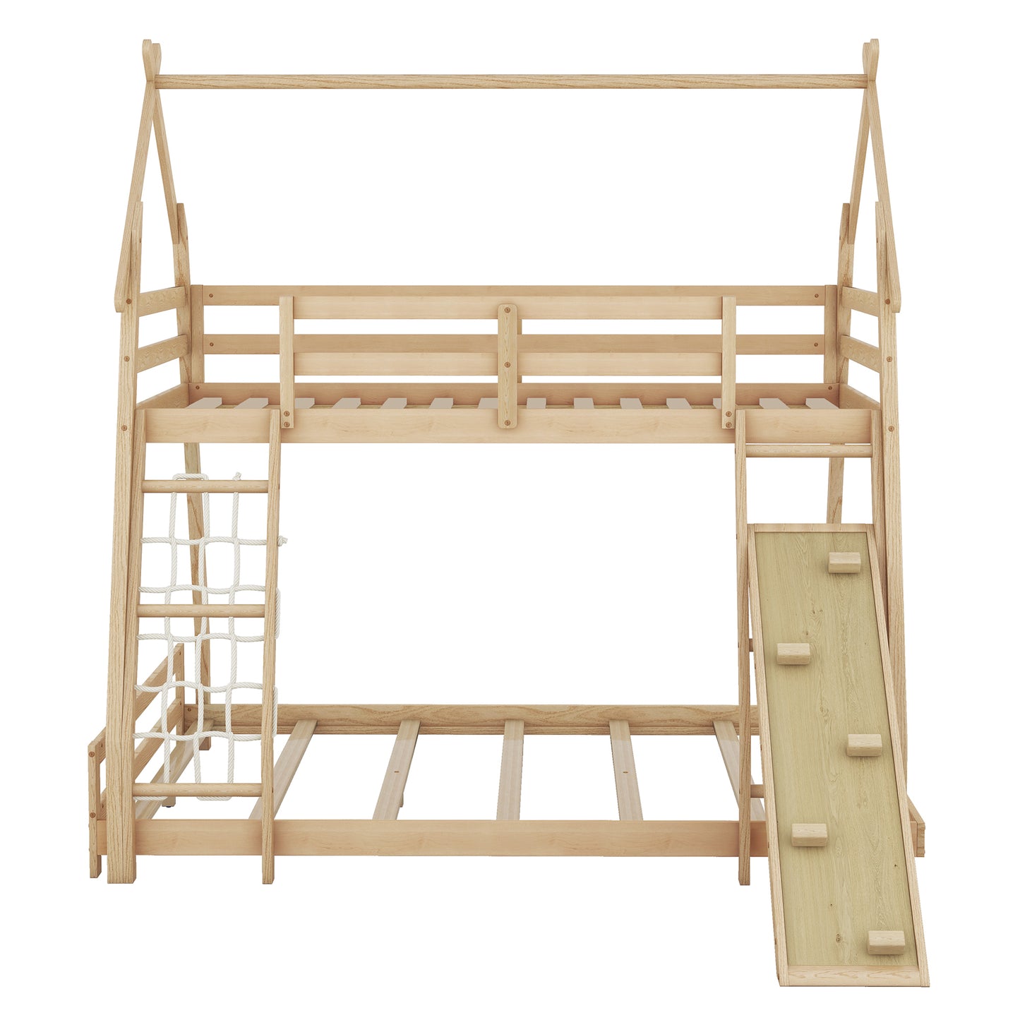 House Bunk Bed with Climbing Nets and Climbing Ramp for Twin and Queen Size, Natural