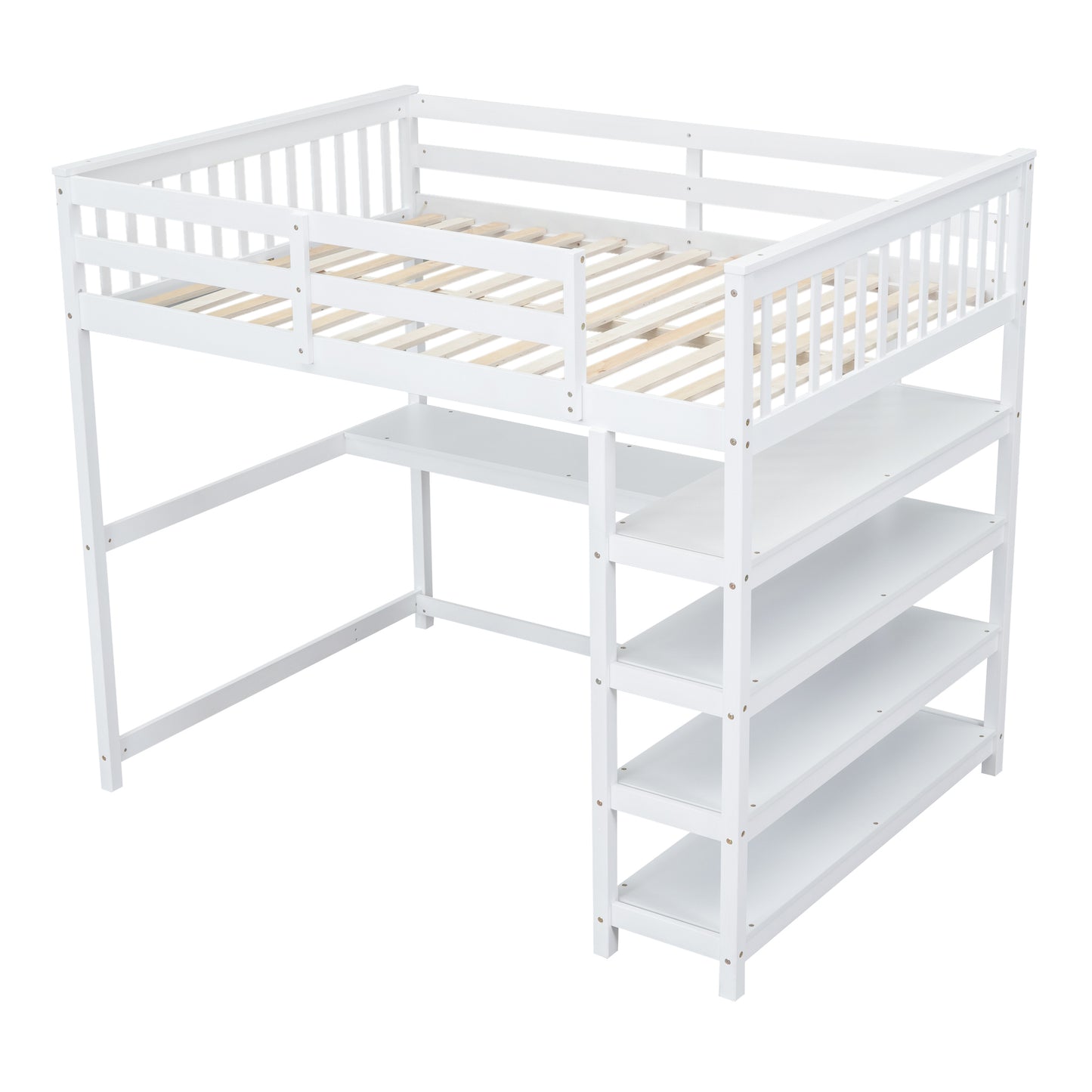 Full Size Loft Bed with Storage Shelves and Under-bed Desk, White