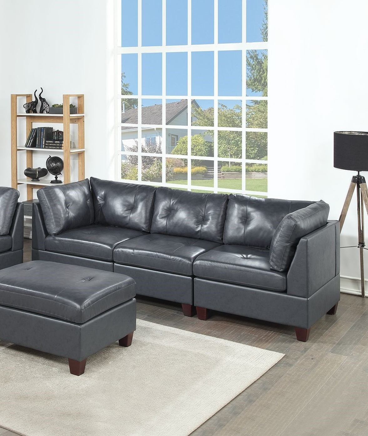 Luxurious Contemporary Black Leather Tufted Sectional Sofa Set