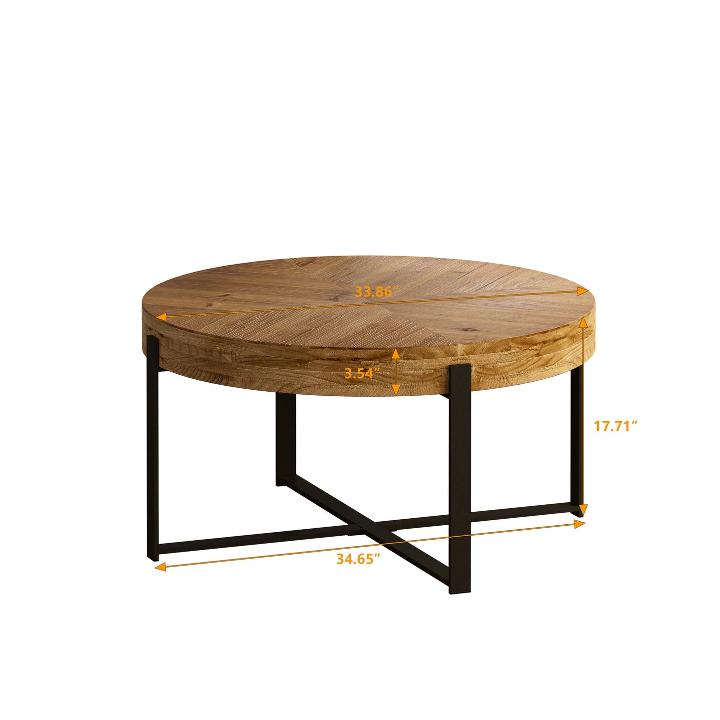 Modern Retro Fir Wood Round Coffee Table with Black Cross Legs Base