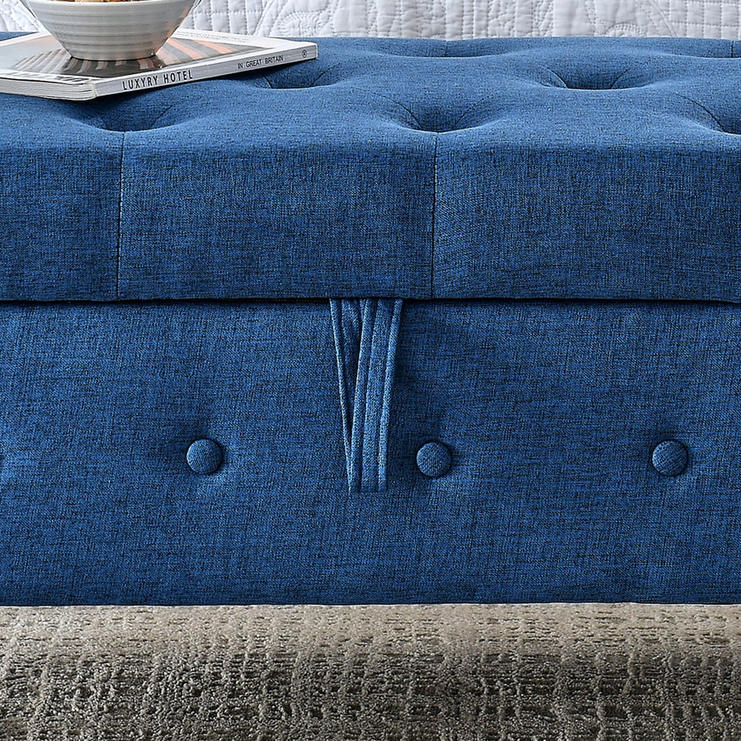 62" Bedroom Tufted Button Storage Bench, Linen Upholstered Ottoman, Window Bench, Rolled Arm Design for Bedroom, Living Room, Foyer (Blue)