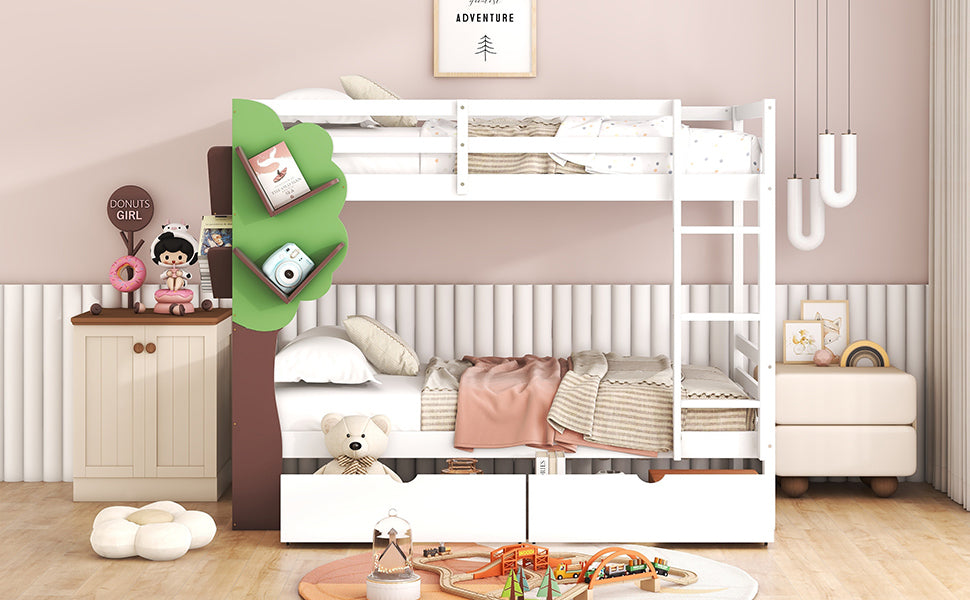 White Twin Bunk Bed with Tree Design and Storage Drawers