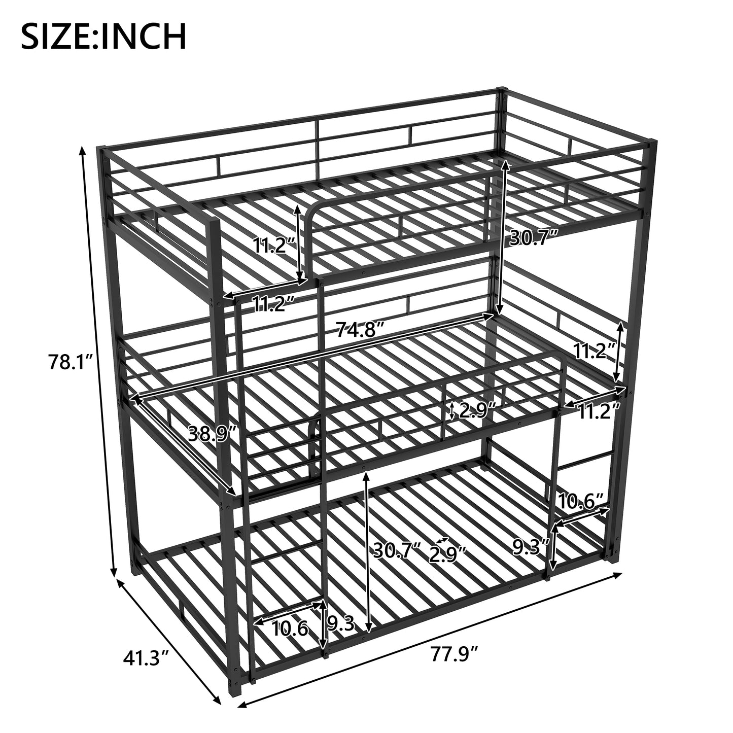 Sleek Black Metal Triple Bunk Bed with Twin Size