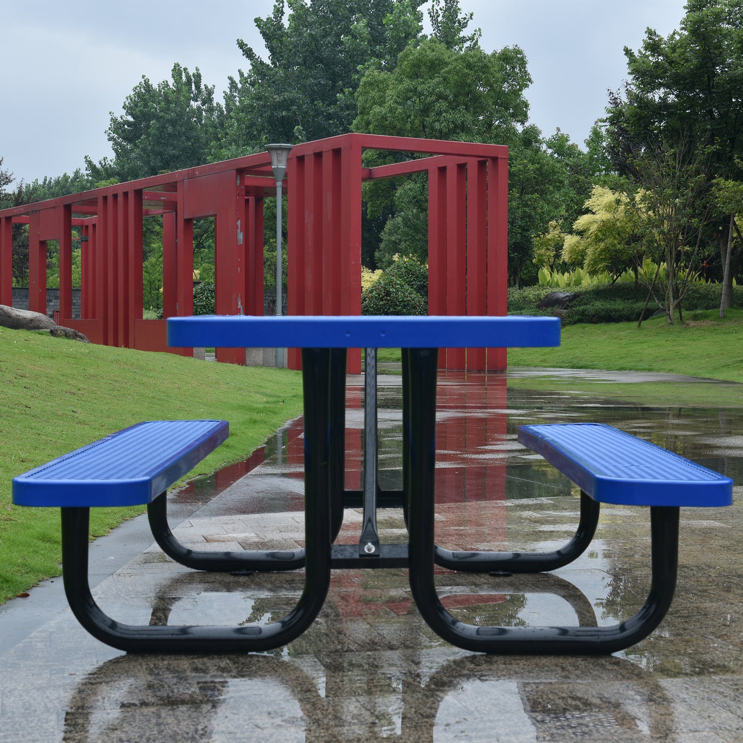 Square Outdoor Steel Picnic Table 46" blue ,with umbrella pole