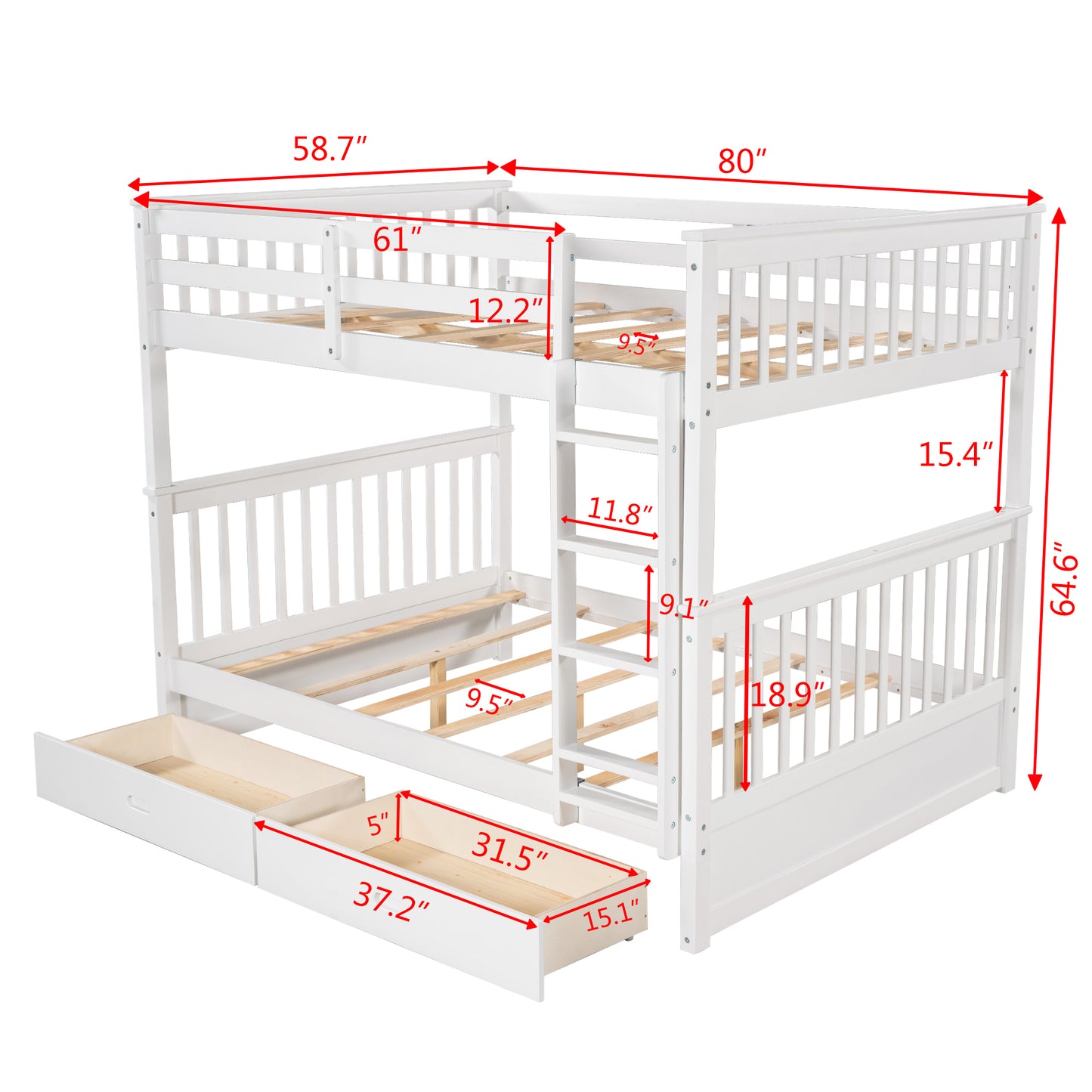 White Full-Over-Full Bunk Bed with Ladders and Two Underbed Drawers