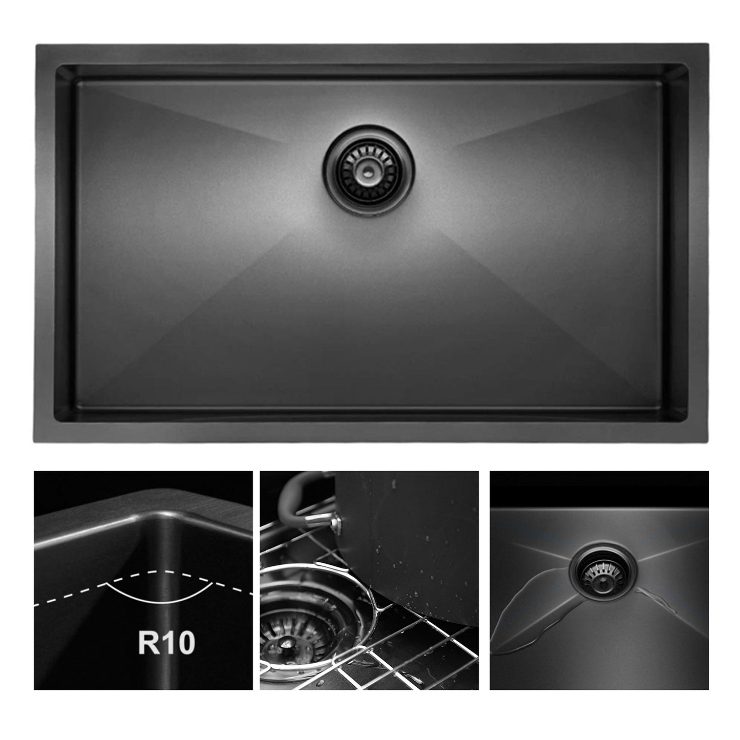 Gunmetal Black Stainless Steel Single Bowl Undermount Kitchen Sink with 16 Gauge - 33 x 21 x 10