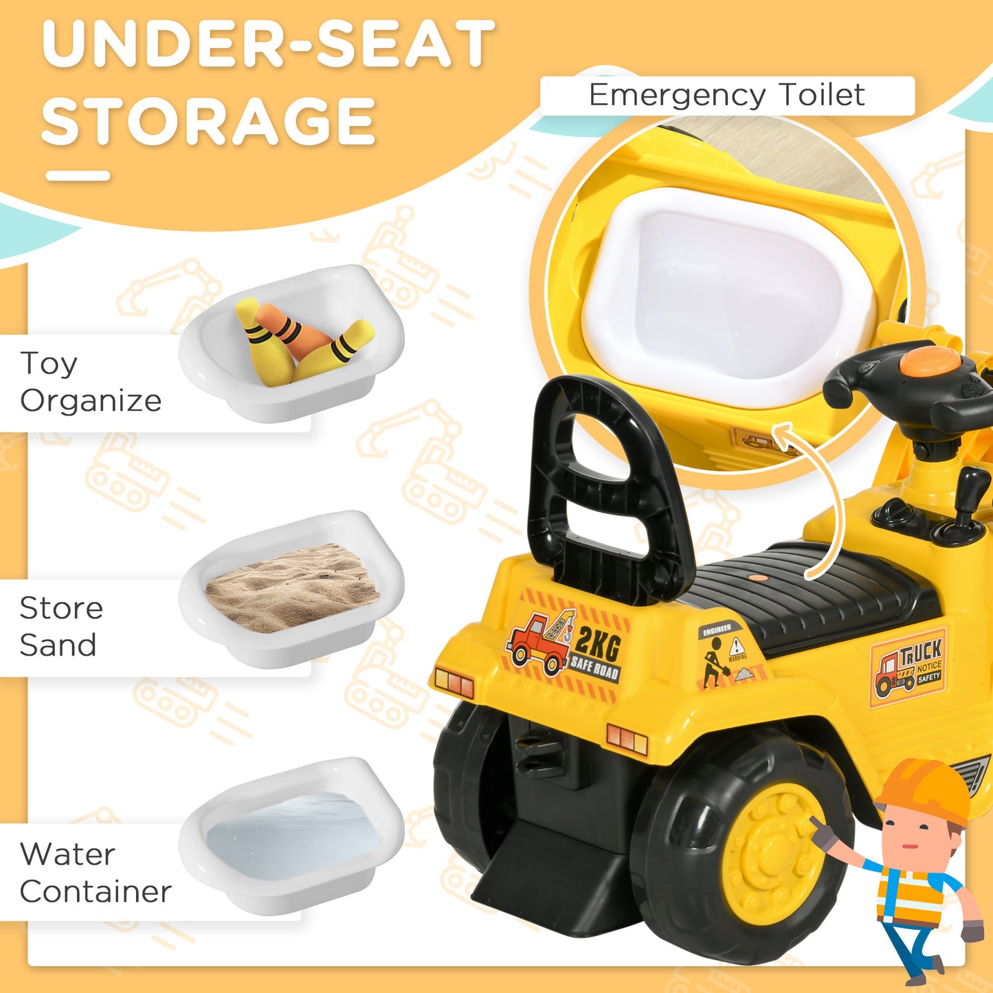 Ride On Excavator with Under Seat Storage, Pull Cart Kids Bulldozer for Boys & Girls, Sit and Scoot Construction Toy with Horn, Front Loader Shovel, for Sand and Snow, Ages 3 Years Old