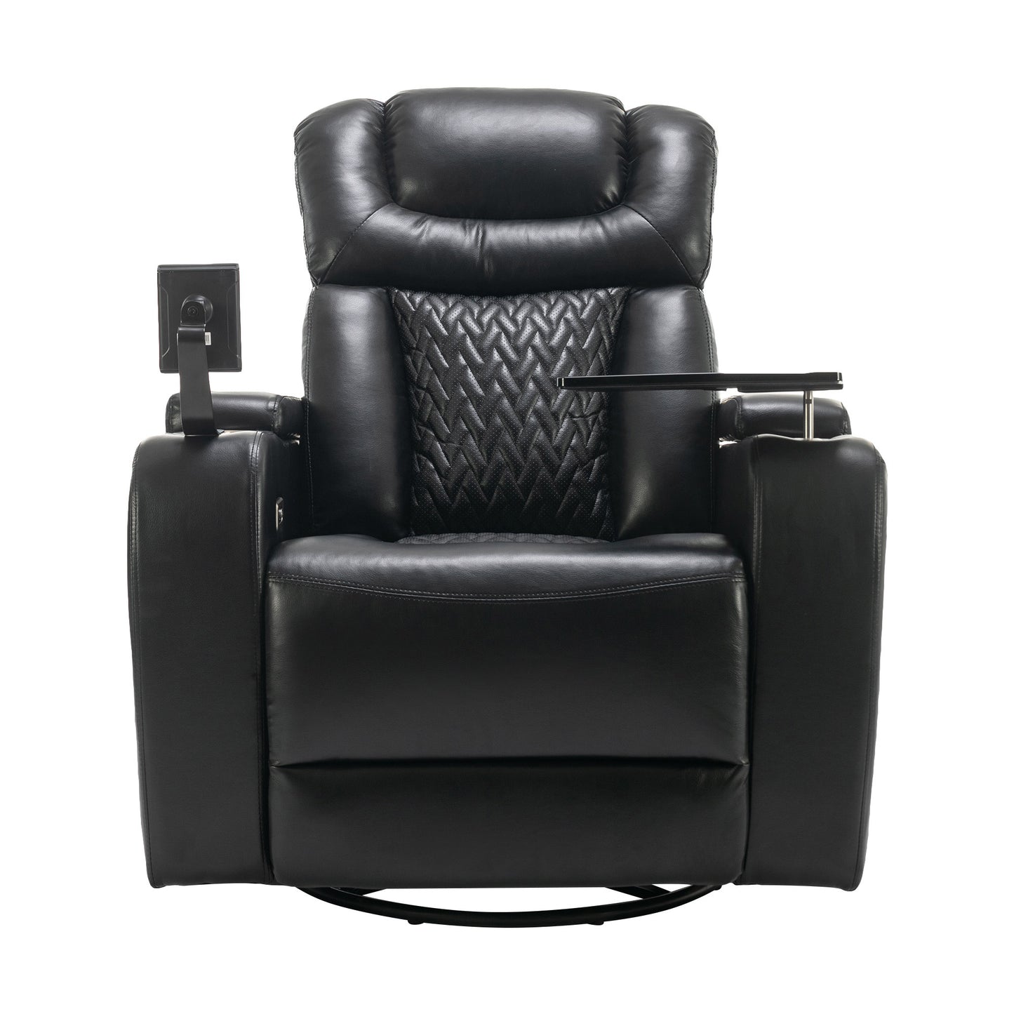 Luxury Black Swivel Recliner Chair with Tray Table, Phone Holder, and USB Port