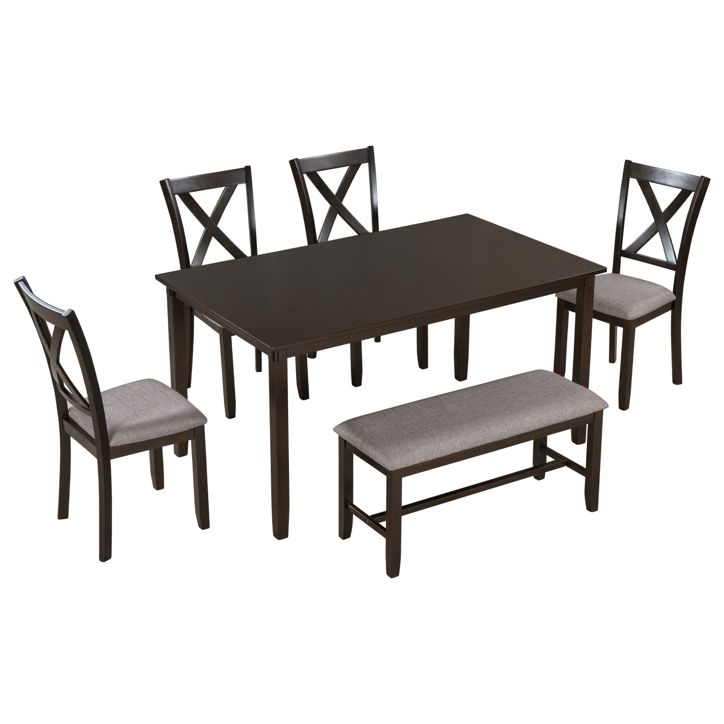 TREXM 6-Piece Kitchen Dining Table Set Wooden Rectangular Dining Table, 4 Fabric Chairs and Bench Family Furniture (Espresso)