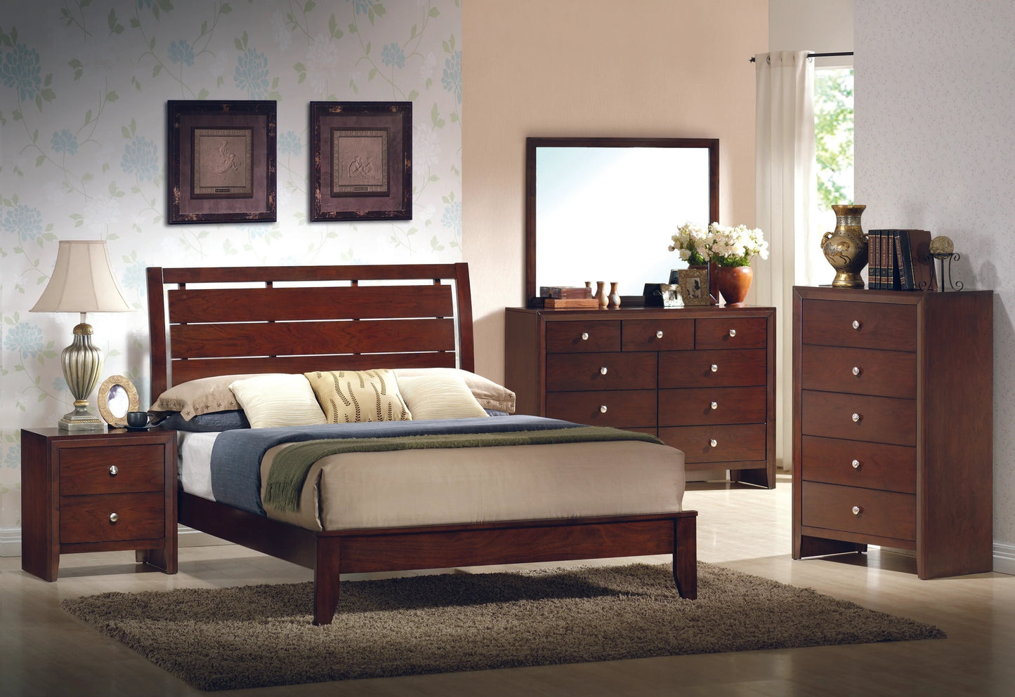 1pc Queen Size Brown Cherry Finish Panel Bed Geometric Design Frame Softly Curved Headboard Wooden Bedroom Furniture